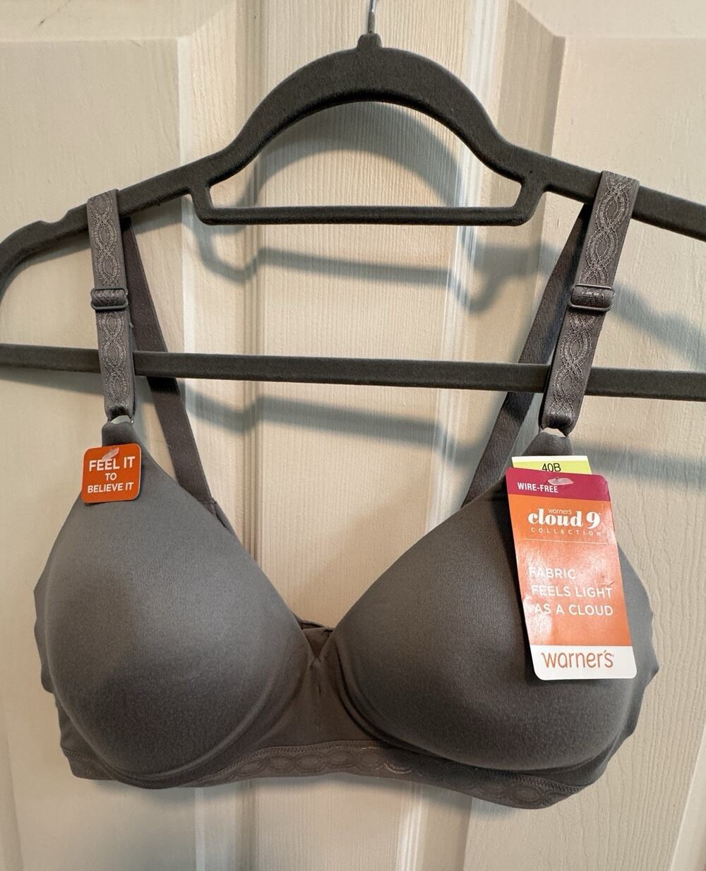 Warner Cloud 9 40B Bra Gray Wire Free Adjustable Straps Back Hook